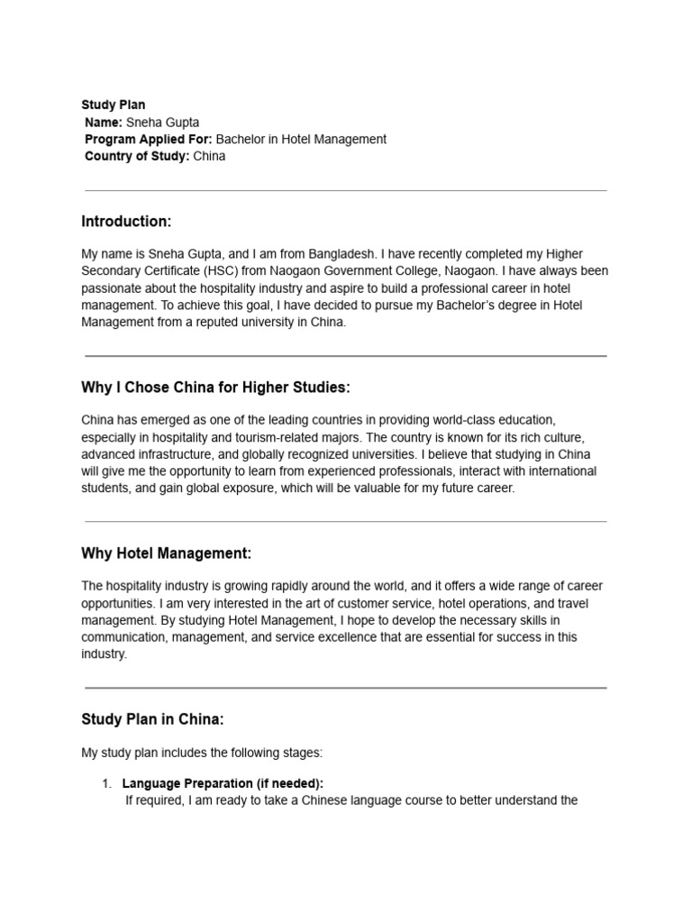 Sneha's Hotel Management Study Plan in China | PDF | China | World Politics