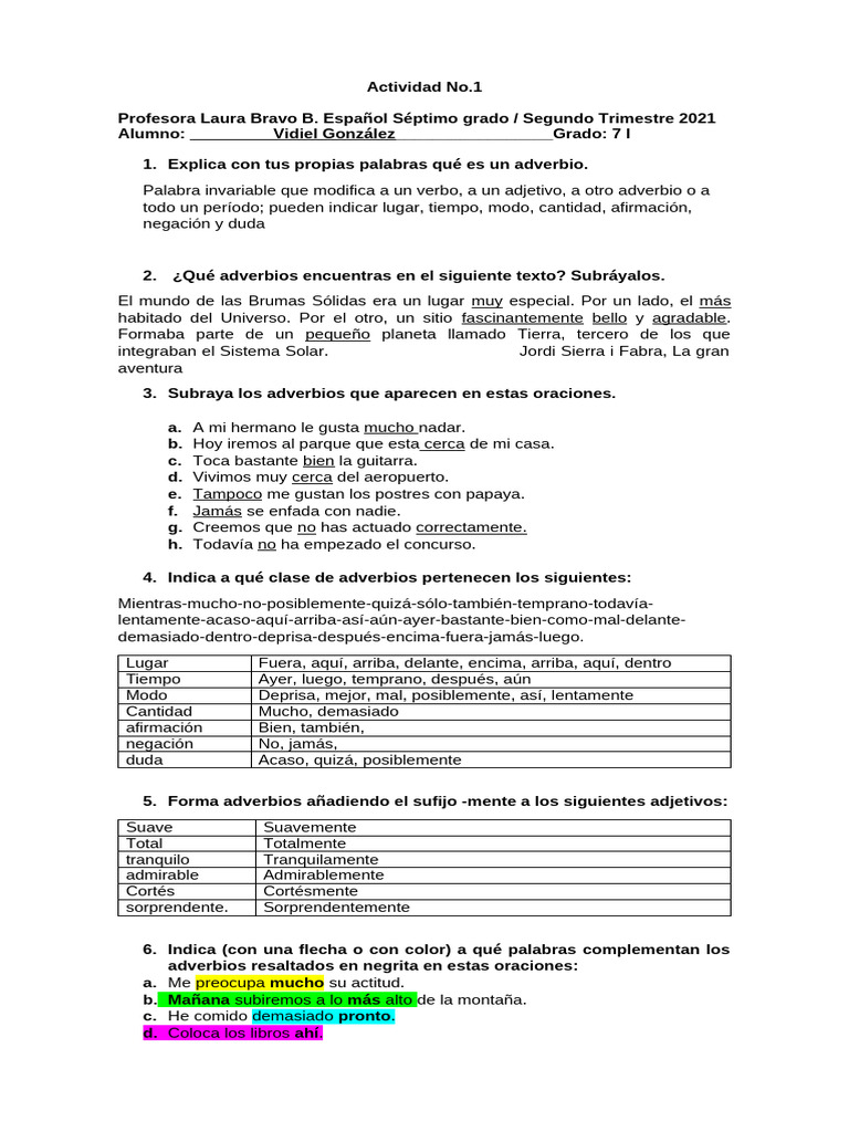Actividades sobre adverbios para séptimo grado | PDF | Adverbio ...