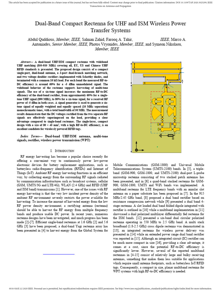 Dual-Band UHF/ISM Rectenna Design | PDF | Radio Technology | Wireless