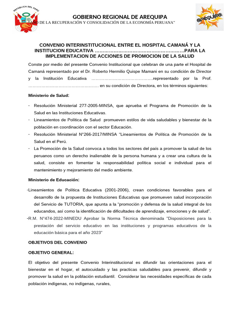 Convenio de Salud Escolar en Arequipa | PDF | Educación primaria ...