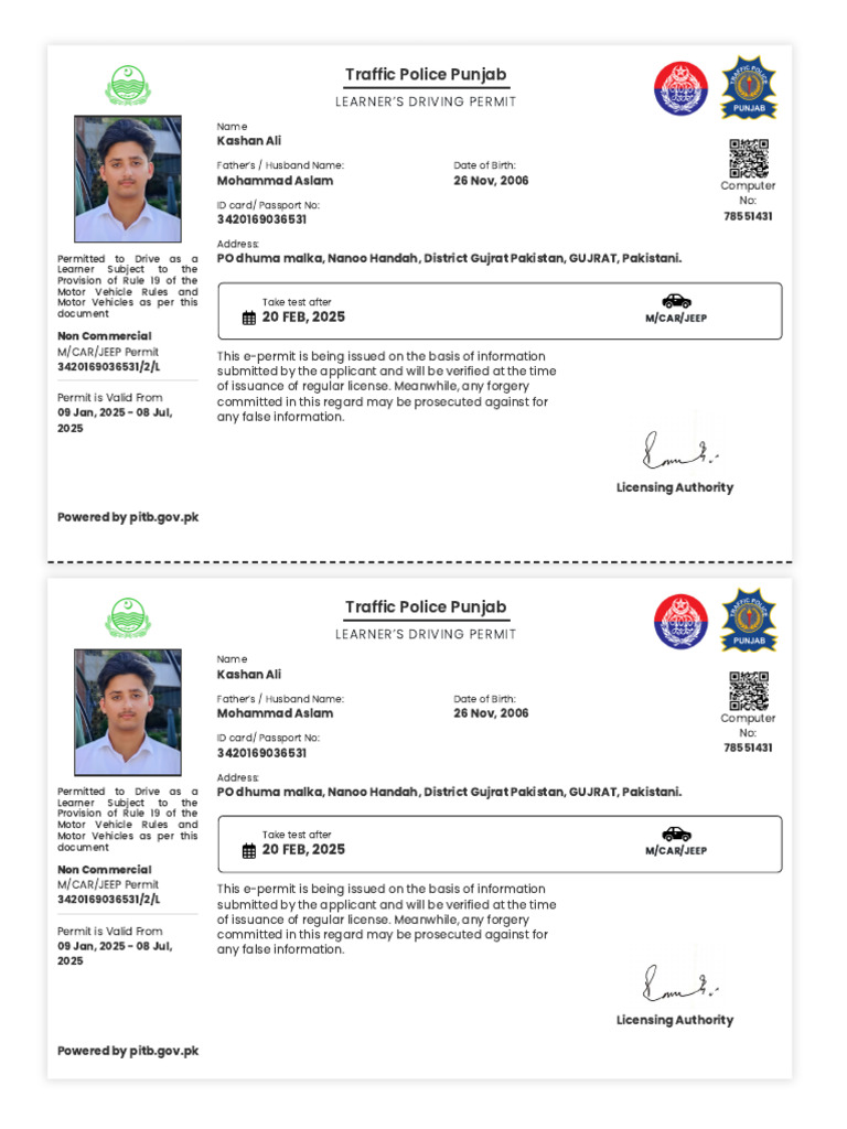Learner's Driving Permit - Gujrat | PDF | Identity Document ...