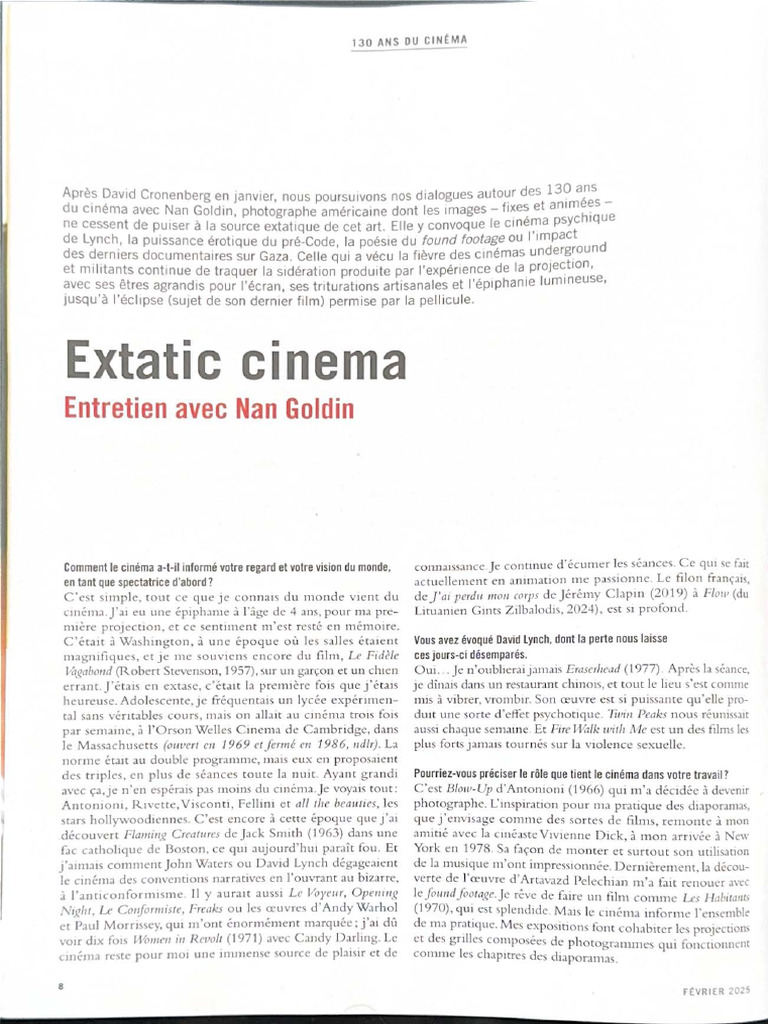 Nan Goldin Interview Cahiers Extatic Cinema | PDF