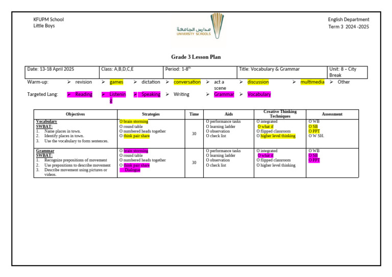 Grade 3 Vocabulary & Grammar Plan | PDF | Lesson Plan | Teaching