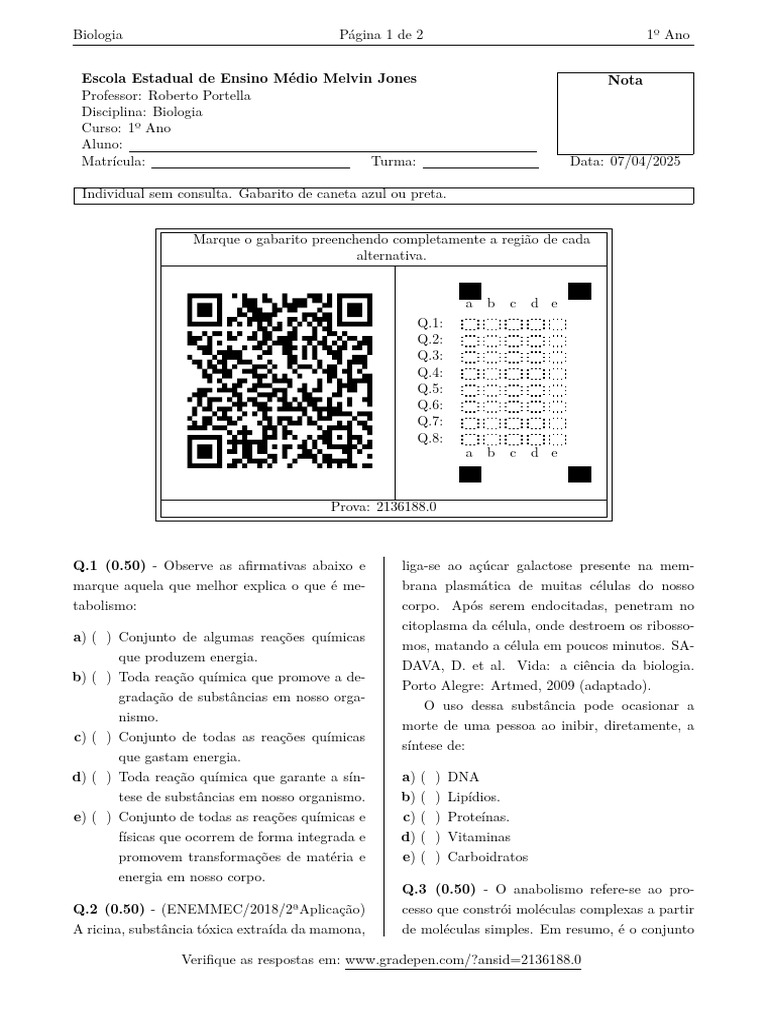 Prova de Biologia 1º Ano Ensino Médio | PDF | Célula (Biologia ...