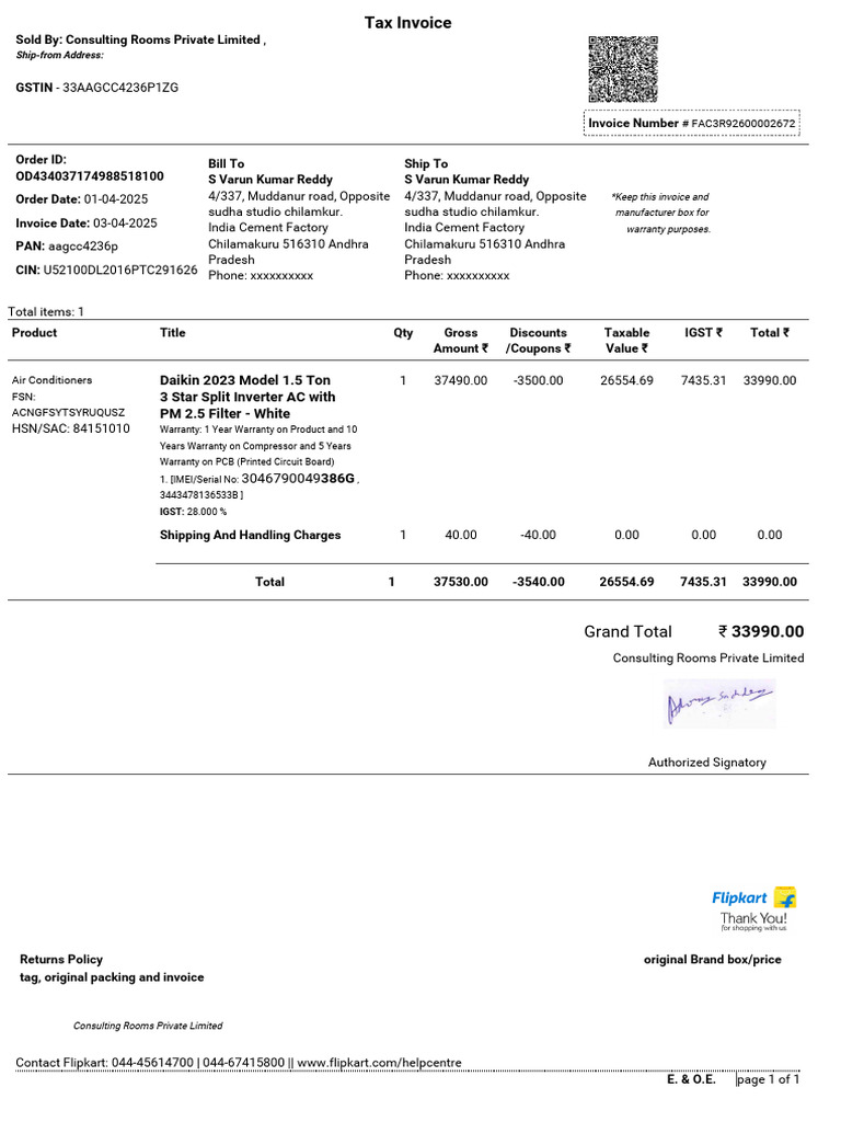 Invoice for Daikin AC Purchase | PDF