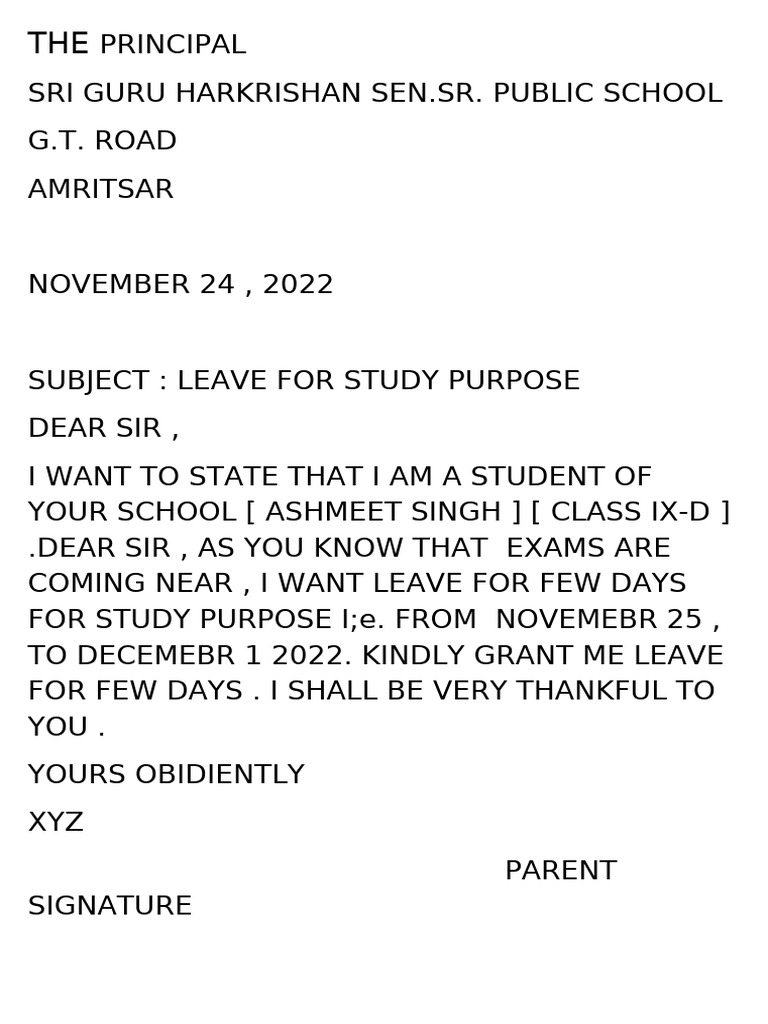 Leave Application for Study Purpose | PDF