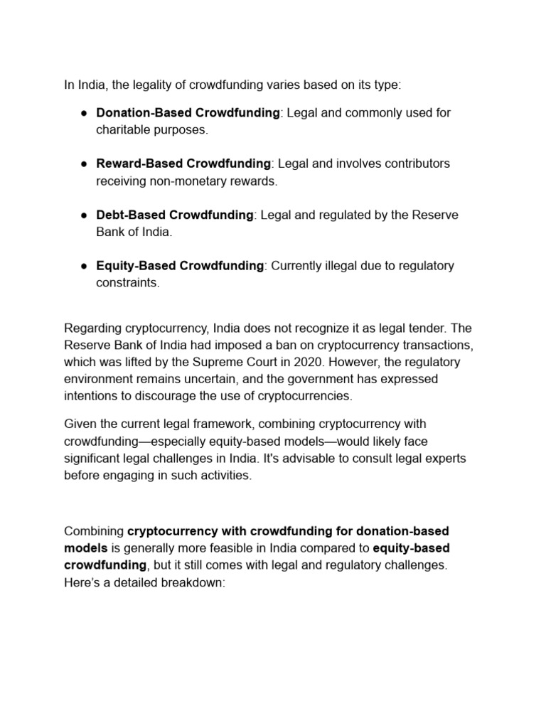 Donation Based Crypto Crowd Funding and Related Legal Issues 2 | PDF |  Cryptocurrency | Applications Of Cryptography