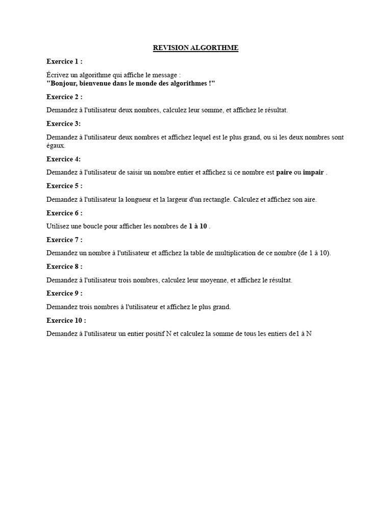 Exercices pratiques sur les algorithmes | PDF