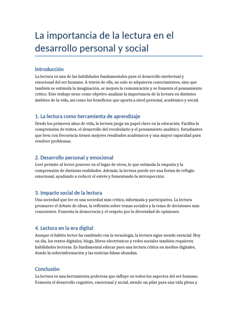 Importancia de la lectura en el desarrollo personal | PDF