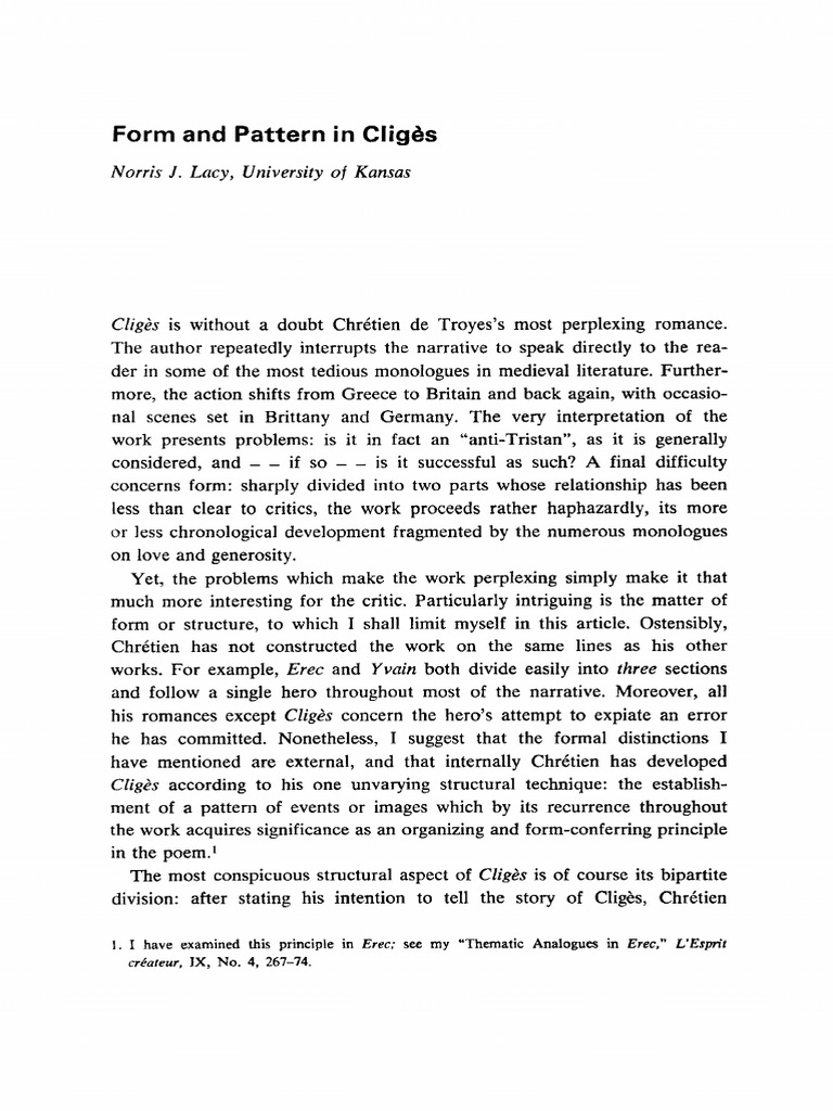Lacy - Form and Pattern in Cliges | PDF | Chrétien De Troyes