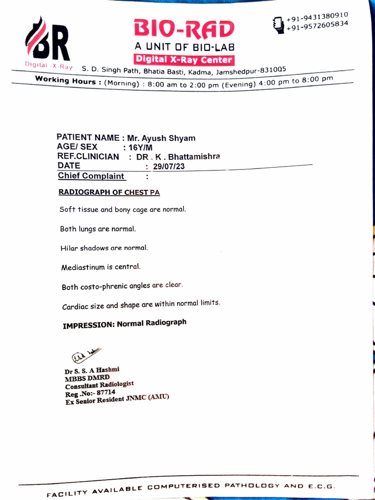 Normal Chest X-Ray Report for Patient | PDF