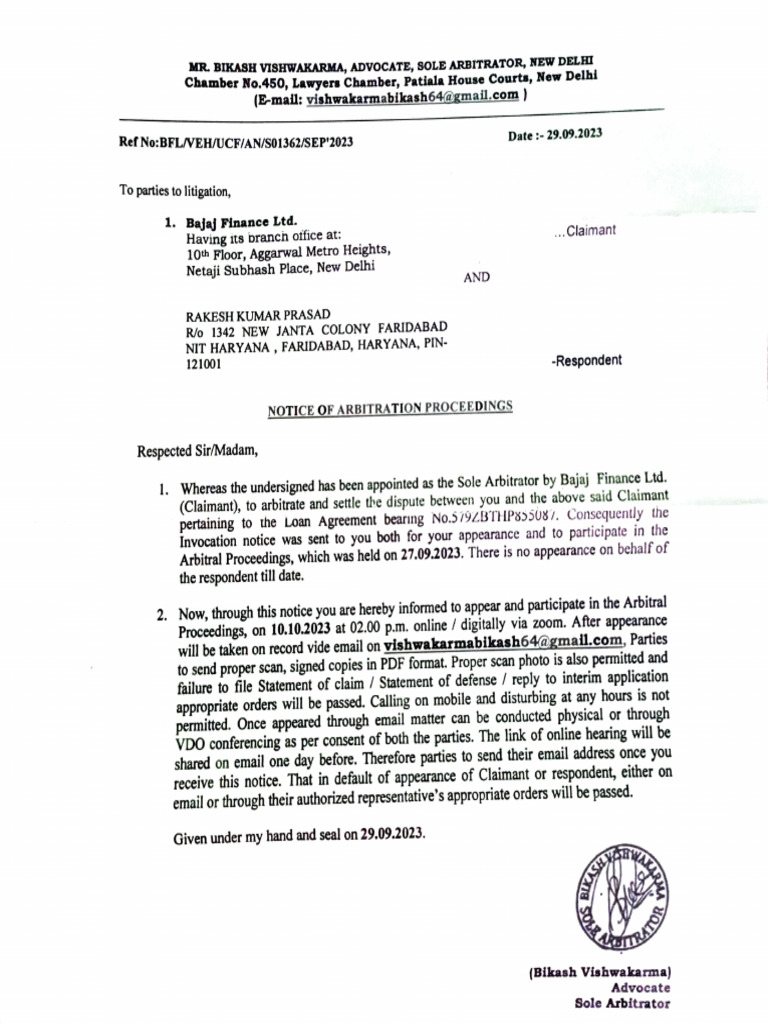 Arbitration Notice for Bajaj Finance | PDF | Dispute Resolution | Justice