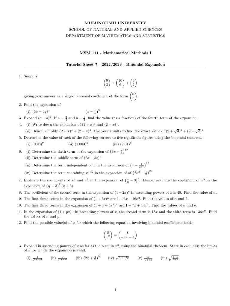 Binomial Expansion Tutorial Sheet 7 | PDF | Mathematical Analysis ...