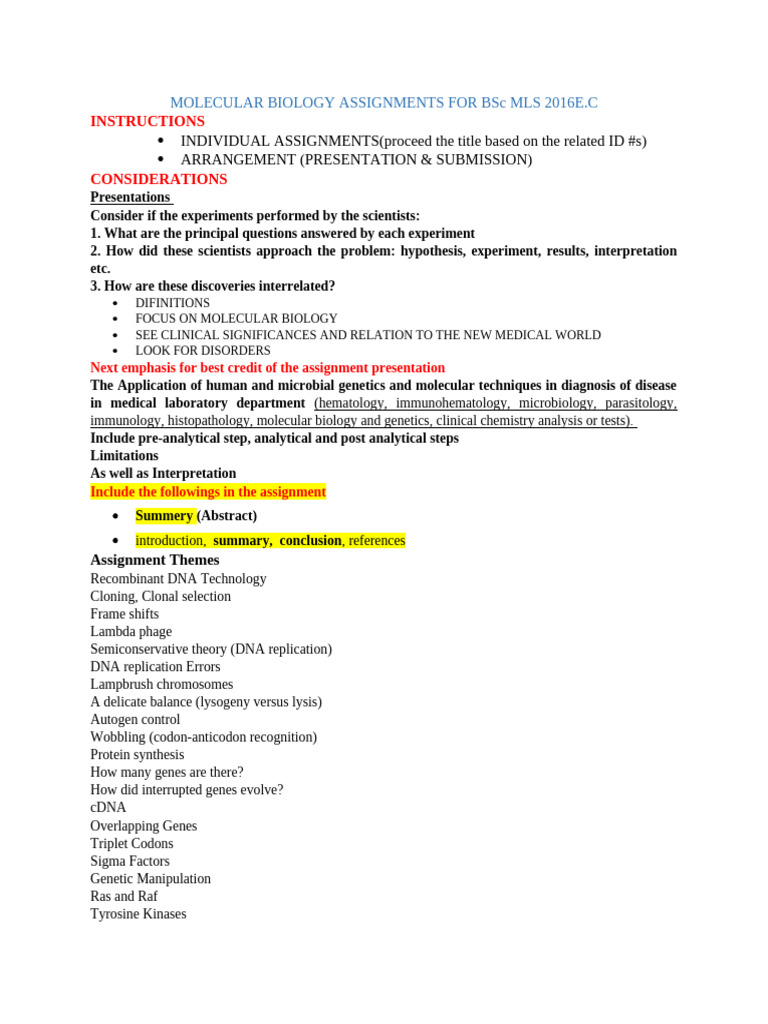 Molecular Biology Assignments Guide | PDF | Dna | Gene