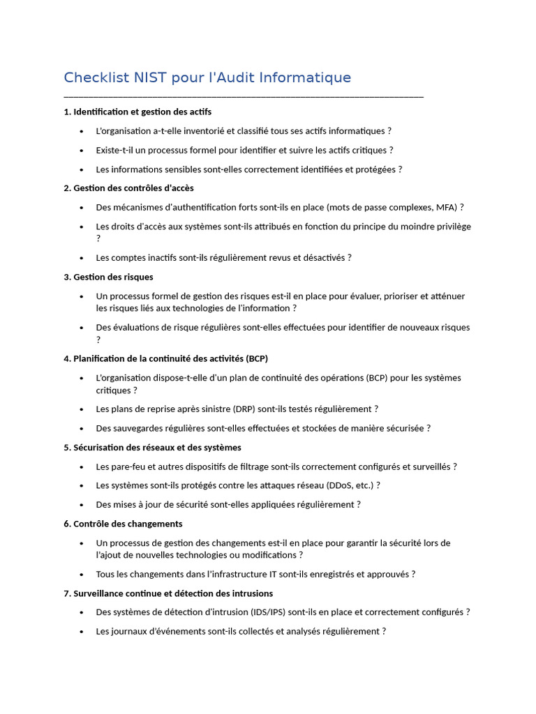 Checklist NIST pour Audit Sécuritaire | PDF | Sécurité des systèmes d ...