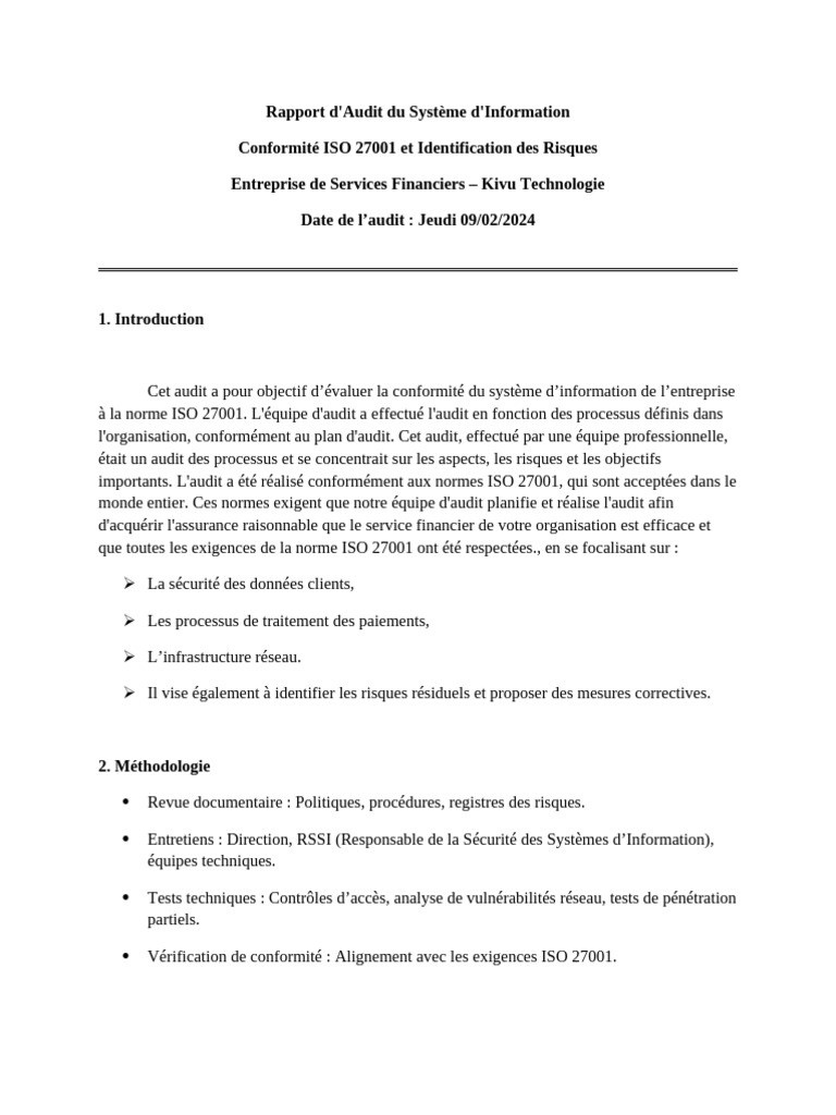 Rapport d'Audit ISO 27001 Kivu Technologie | PDF | Audit | Sécurité des ...