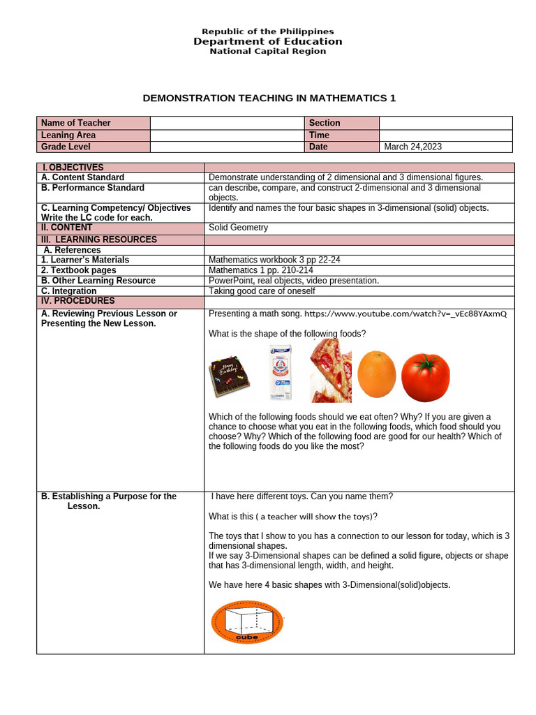3D Shapes Teaching Plan for Grade 1 | PDF | Length | Mathematics