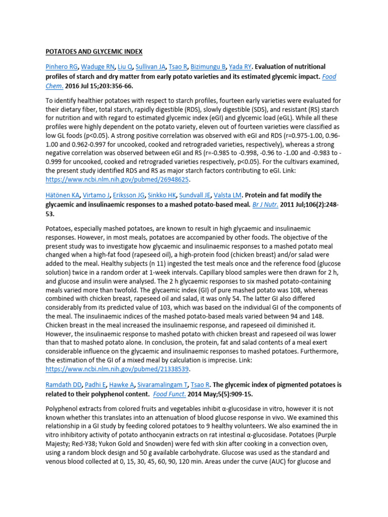 Potatoes and Glycemic Index 2 PDF Glycemic Index Starch