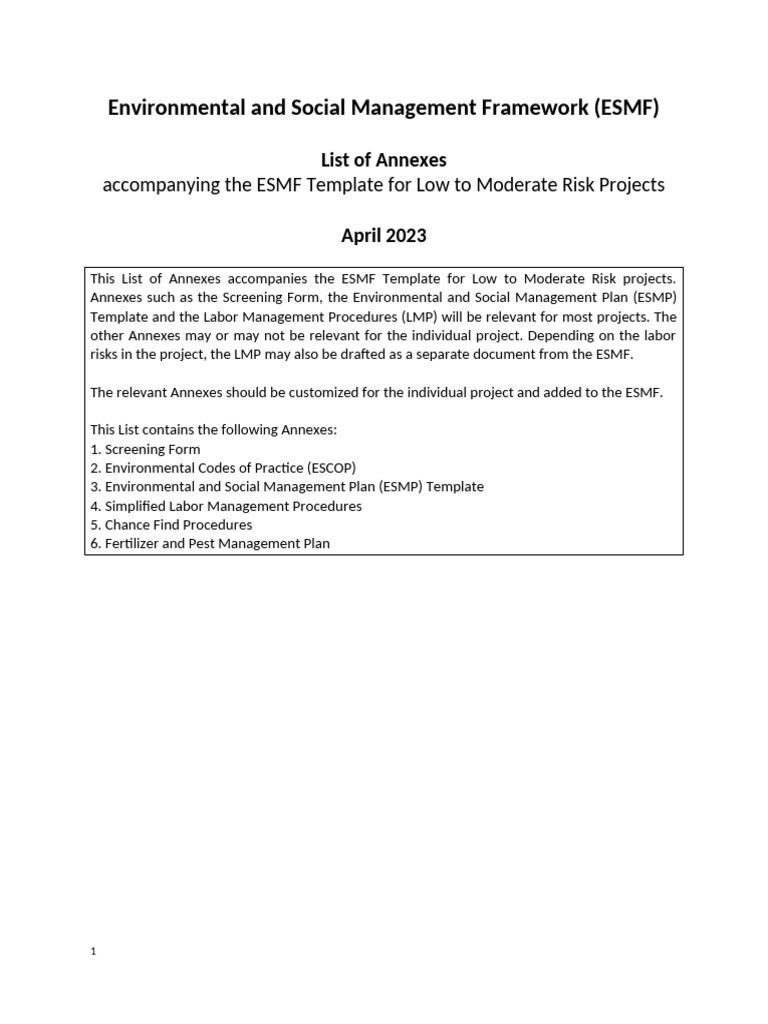 ESMF Template Annexes For Low Moderate Risk | PDF | Erosion | Waste