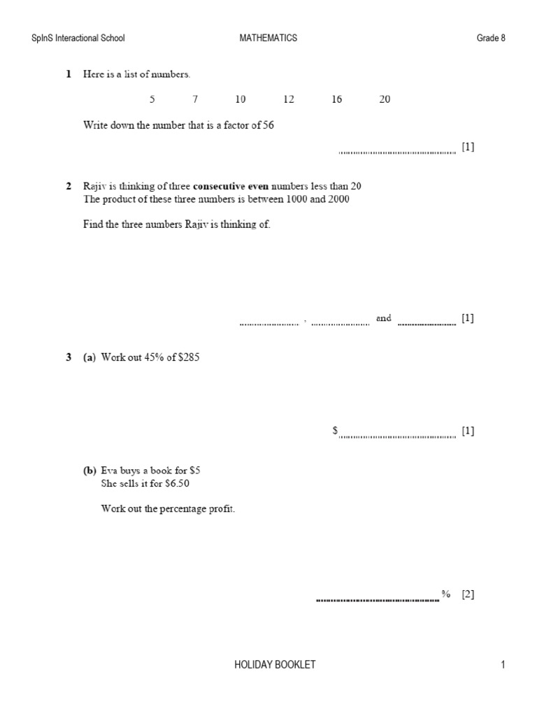 Grade 8 Mathematics Holiday Booklet | PDF