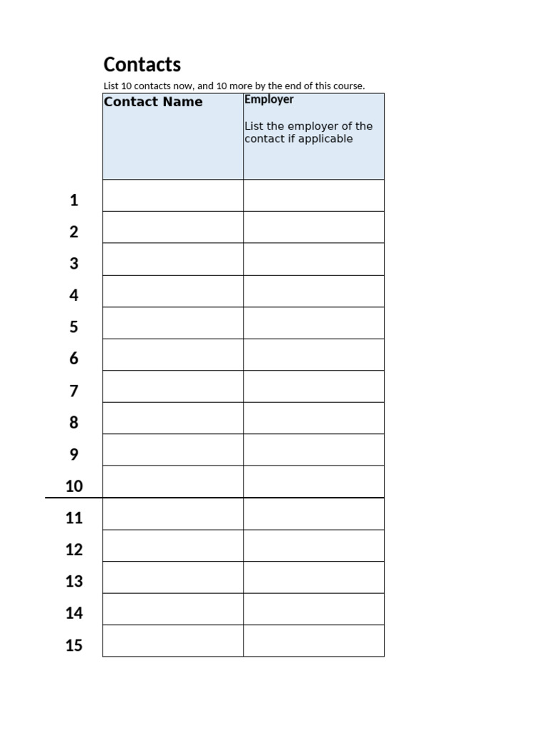 Contact List Template for Networking | PDF