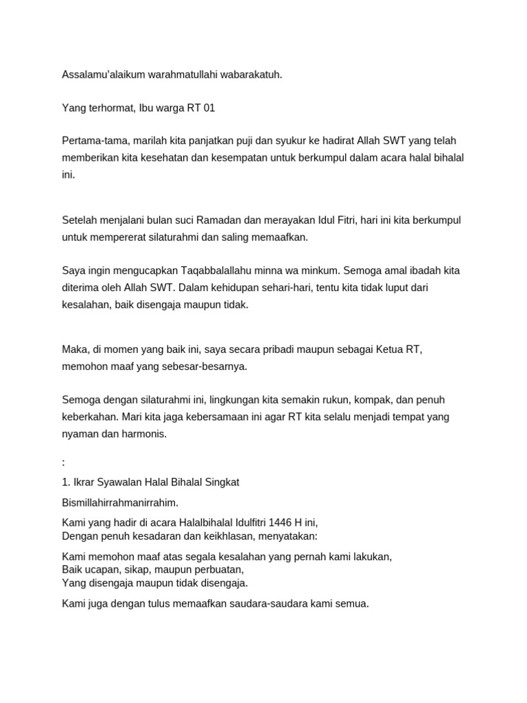 Ikrar Halal Bihalal RT 01 1446 H | PDF