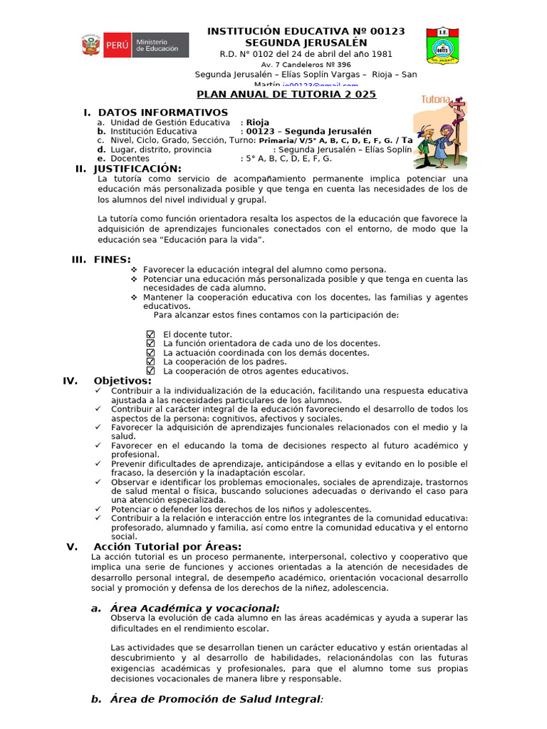 Plan Anual de Tutoría 2025 | PDF | Aprendizaje | Enseñando