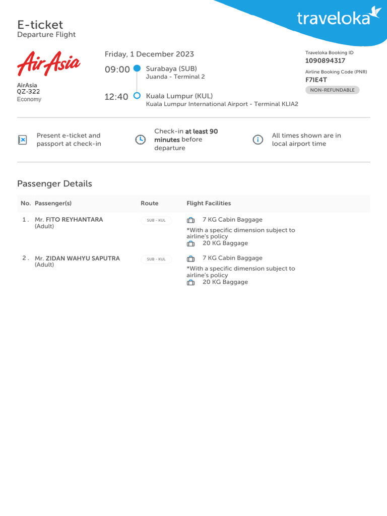 AirAsia E-Ticket for Surabaya to Kuala Lumpur | PDF | Aviation | Transport