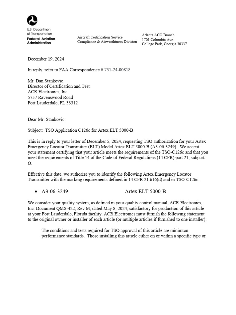 TSO Authorization for Artex ELT 5000-B | PDF | Aviation