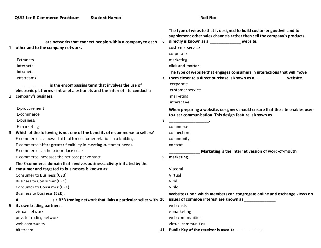 E Commerce Practicum Quiz PDF E Commerce Service Industries