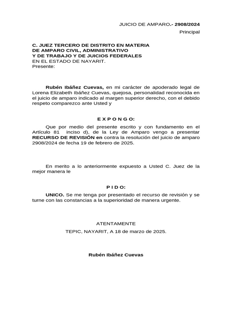 Recurso de Revisión en Amparo 2908/2024 | PDF | Caso de ley | Judicaturas