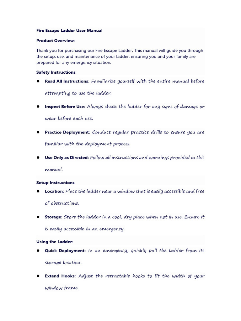 Fire Escape Ladder User Manual Product Overview | PDF