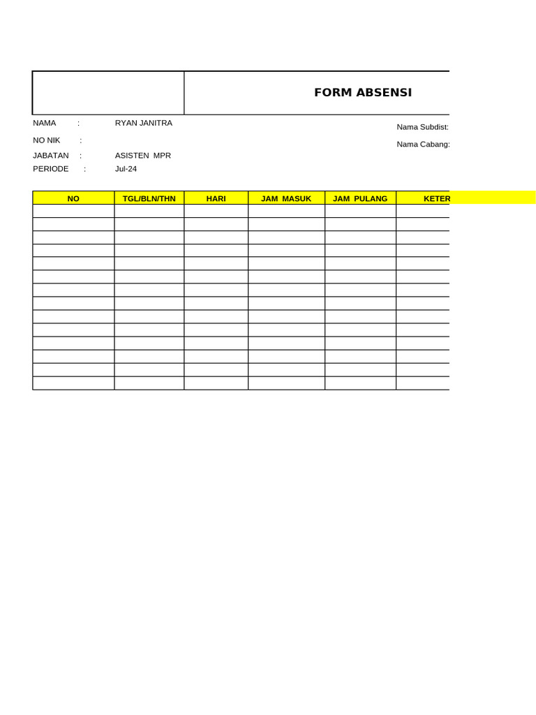 Formulir Absen Kosong Ryan Janitra | PDF