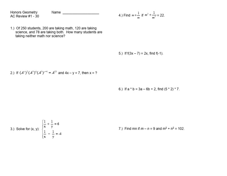 Honors Geometry AC Review Problems | PDF