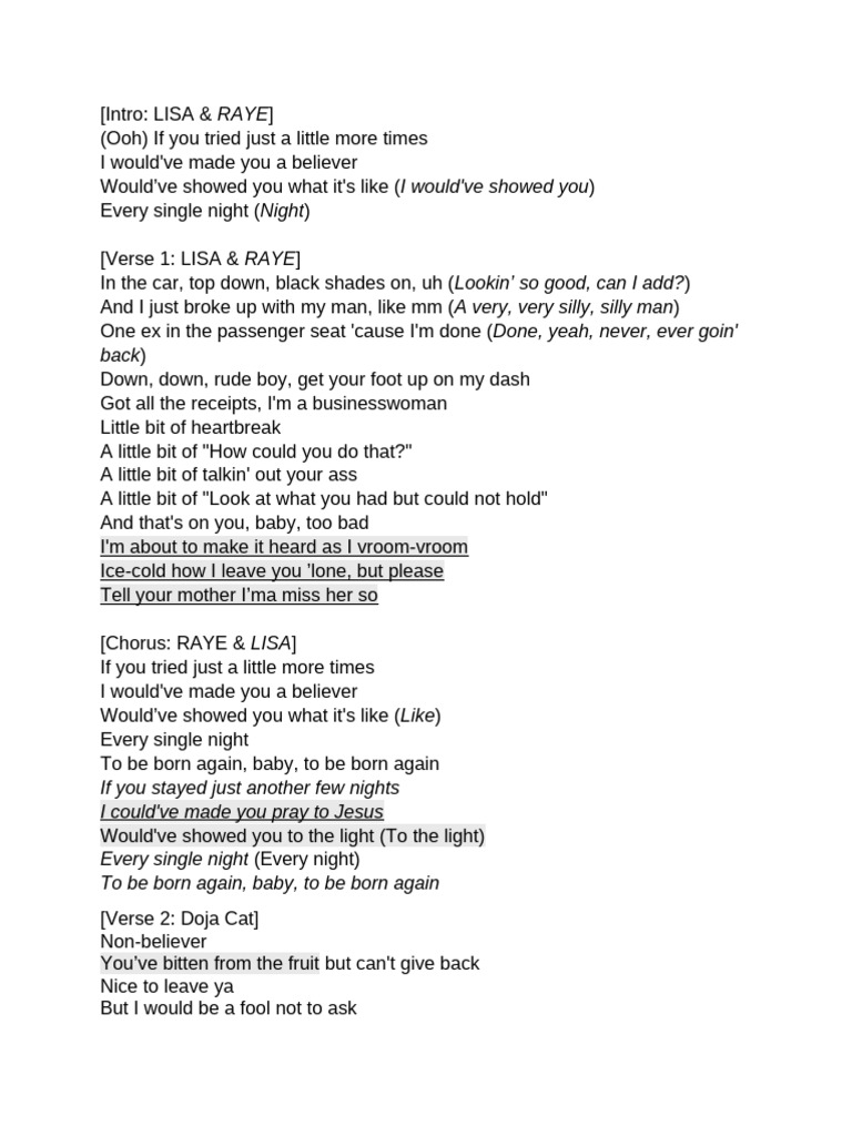 Born Again: Lyrics by LISA & RAYE | PDF