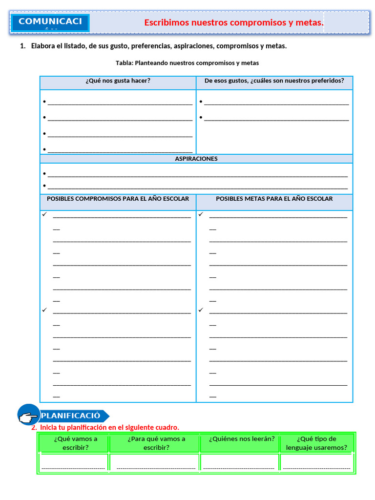 FICHA COM. Escribimos Nuestros Compromisos y Metas. | PDF