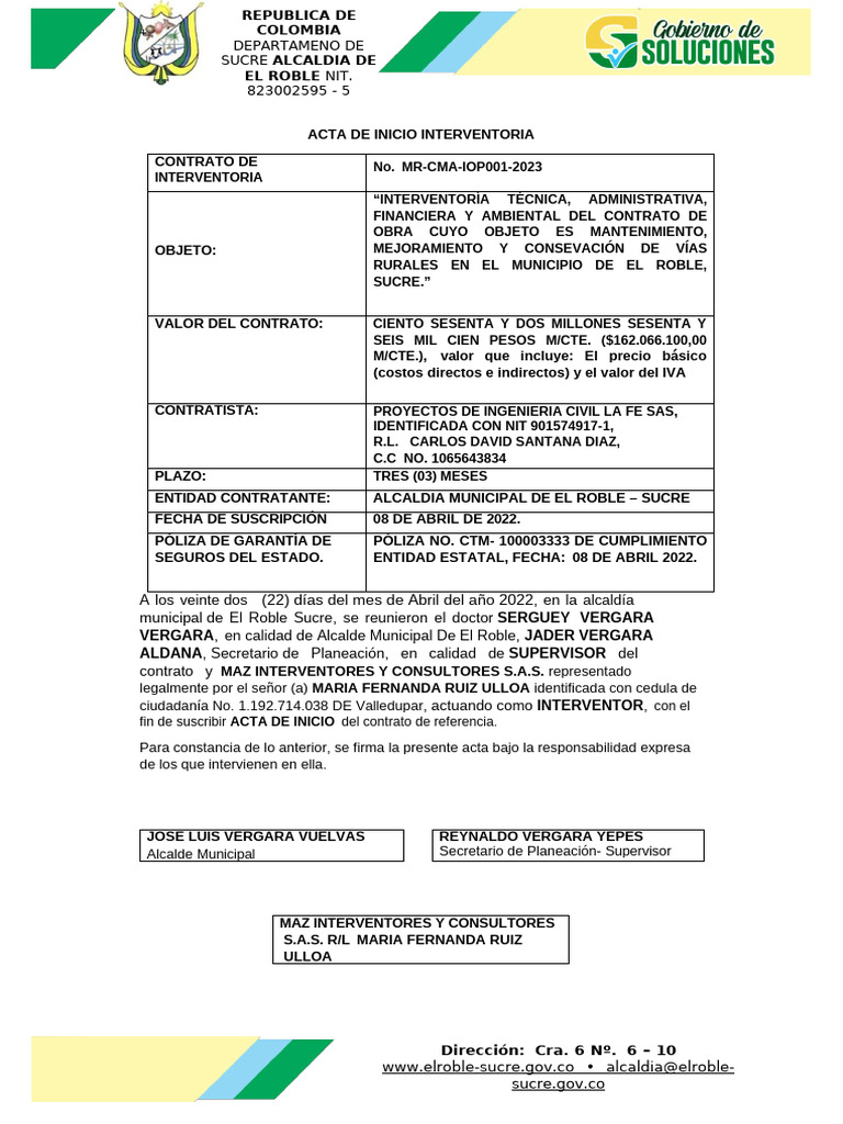 Acta de Inicio Interventoría Vías Rurales | PDF
