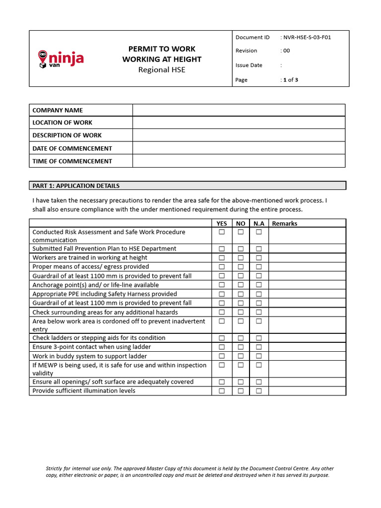 Working at Height Permit Template | PDF | Personal Protective Equipment ...