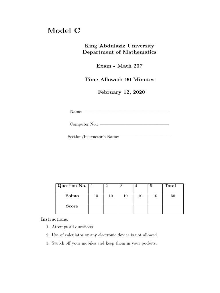 Math 207 Final Exam Model C | PDF | Analytic Geometry | Mathematical ...