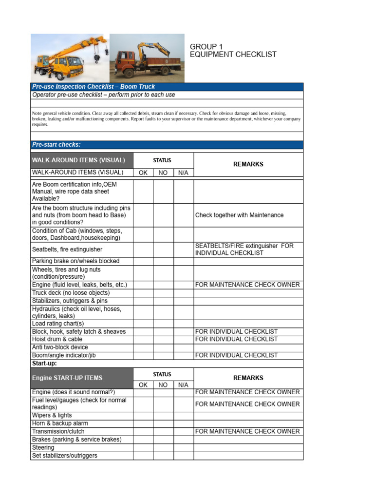 Boom Truck Inspection Checklist - Group 1 | PDF | Truck | Brake
