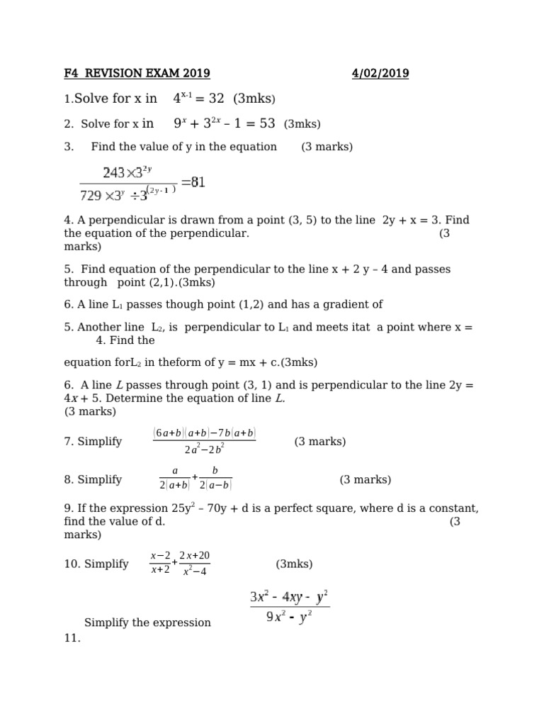 F4 Revision Exam 2019 Questions | PDF | Applied Mathematics | Equations