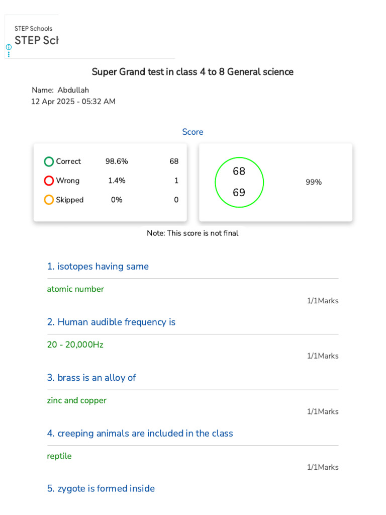 Class 4-8 Science Test Results | PDF | Earth | Sun