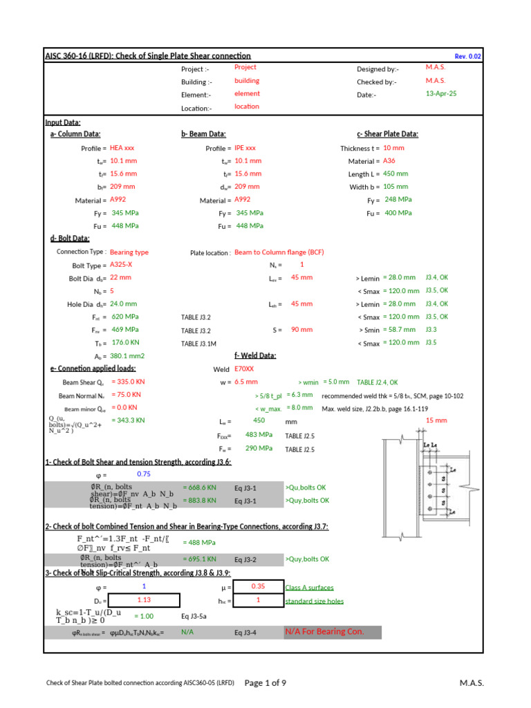 Shear Plate Connection Check AISC 360 | PDF | Screw | Bending