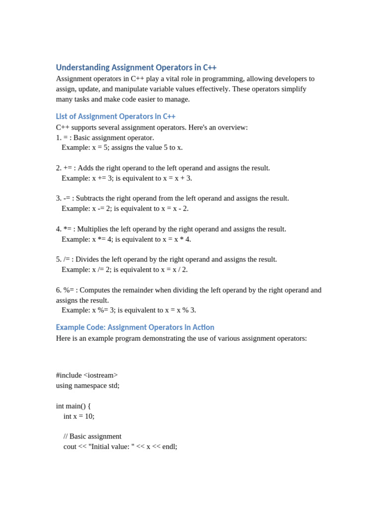 Assignment Operators in CPP New | PDF