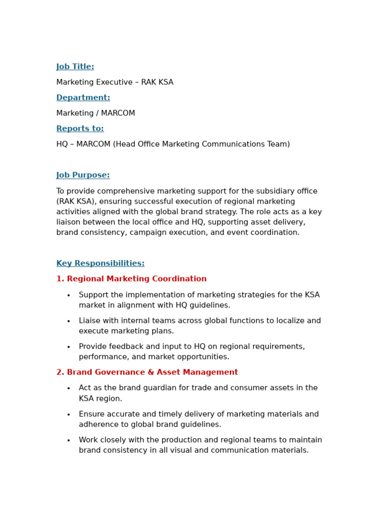 Marketing Executive - KSA Job Description English & Arabic | PDF