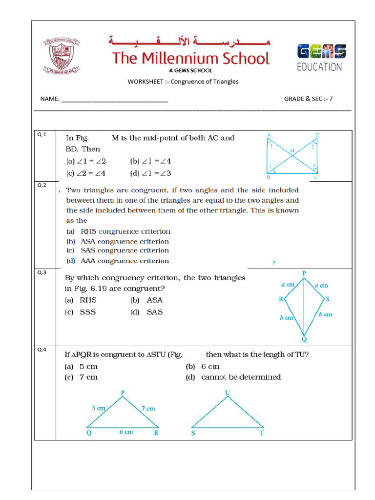 Grade 7 Congruent Triangles Worksheet | PDF
