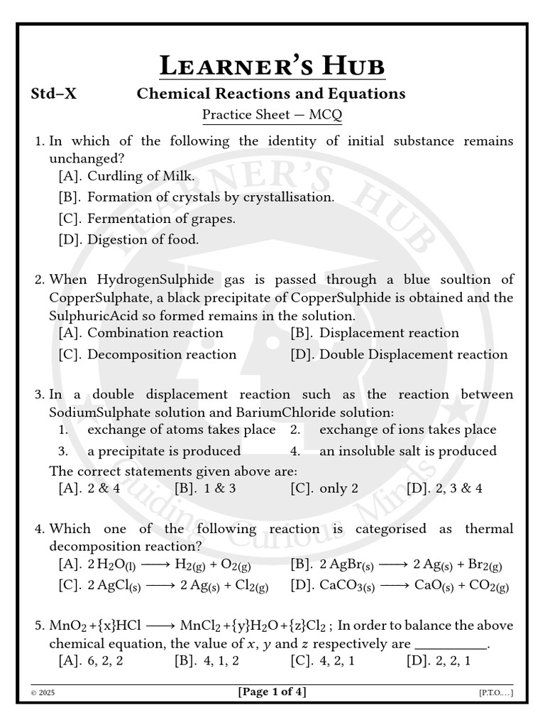 Chemical Reactions MCQ Practice Sheet | PDF | Chemical Reactions ...