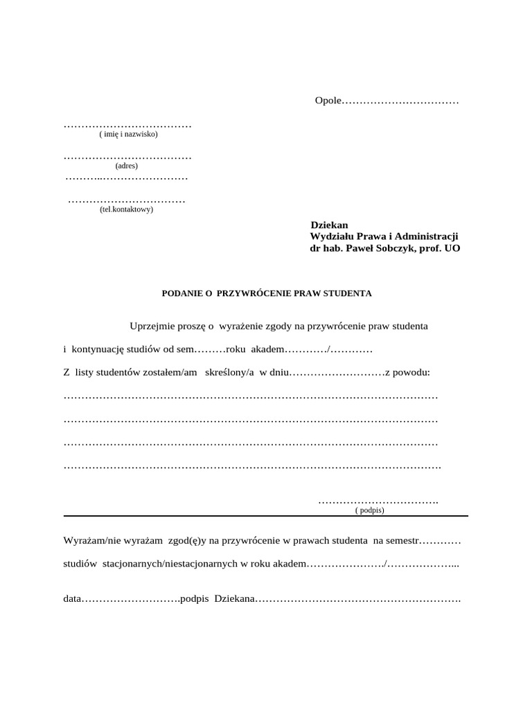 Podanie o Przywrocenie Praw Studenta | PDF