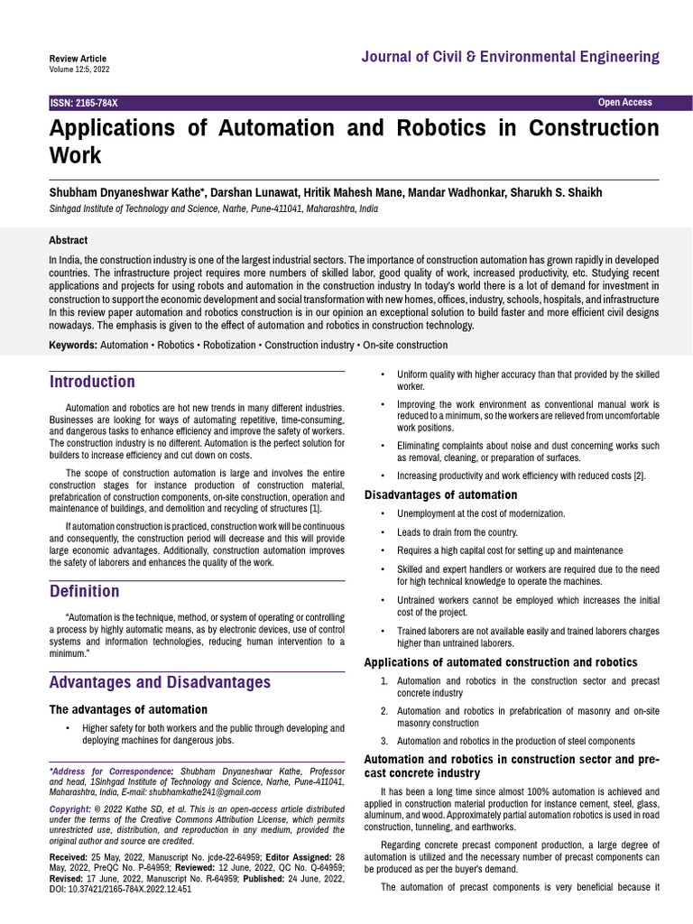 Applications of Automation and Robotics in Construction Work | PDF ...