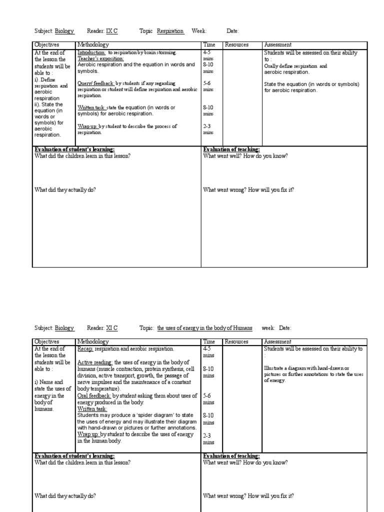 Lesson Plan Respiration Pdf Adenosine Diphosphate Fermentation